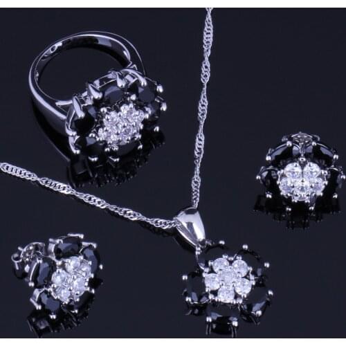 Charismatic Black Cubic Zirconia White CZ Silver Plated Jewelry Sets Earrings Pendant Chain Ring V0233
