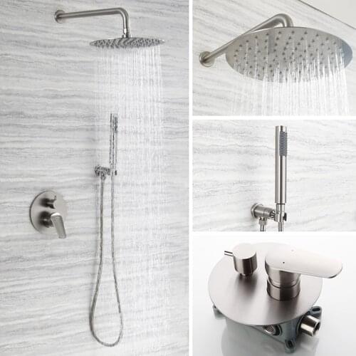 Rainfall Shower Set 304 Stainless Steel Concealed Shower Set Nickel Color Cold Hot Mixer Into Wall Shower Faucet