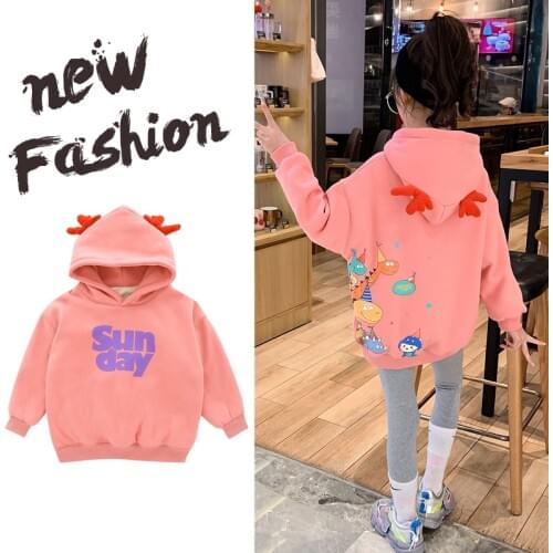 2021 new Korean Style Thick Warm Pullover Coat Childrens Hoodies for Girls Deer Horn cartoon Print Teenage Girls Clothing Print