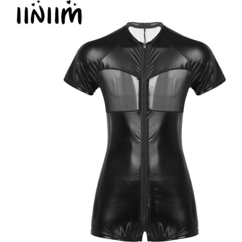 NEW Mens Shiny Crew Neck Fashion Pole Evening Party Sexy Costumes Mesh Patchwork Skin-Tight Short Bodysuit Jumpsuit Clubwear