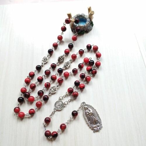 QIGO Red Acrylic Rosary Necklace Metal Virgin Pendant Necklace Catholic Prayer Jewelry