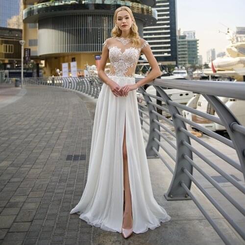 Sexy Side Slit A-Line Wedding Dresses Chiffon Lace Appliques Cap Sleeve Tulle Elegant Bridal Gown Button Floor Length 2021