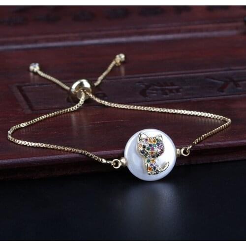 Rainbow Mix Cz Micro Paved Tiny Cute Cat Pet Charm Pearl Connector Charm Gold Dainty Link Bracelet For Woman Jewelry Girl Gift