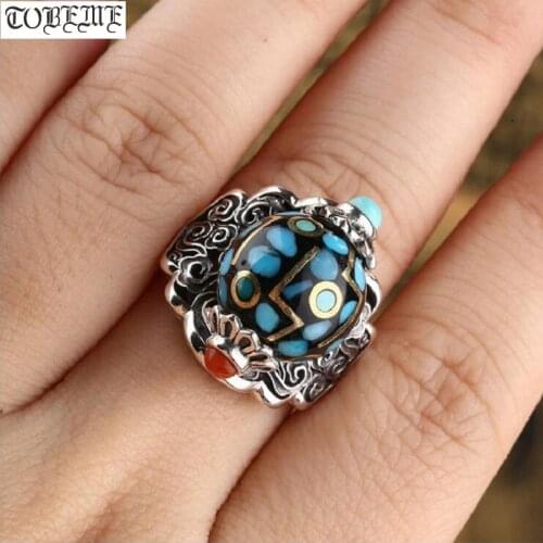 Handmade 925 Silver Tibetan 9 Eyes DZI Ring Tibetan Garuda DZI Good Luck Ring Turquoise Agate 3 eyes DZI Turning Ring