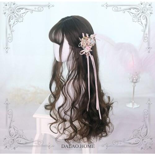 High Quality Harajuku Soft Girl Lolita Long Curly Hair 65cm+ Cocoa Brown Air Bangs Wig Masquerade Party