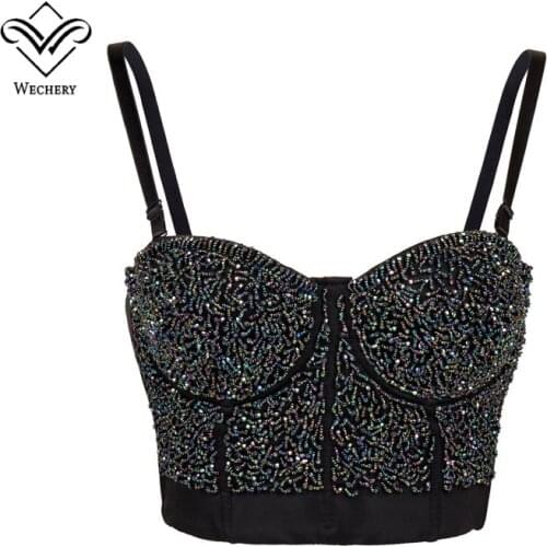 Wechery Sexy Corset Women Slimming Corset Bra Beading Luxury Style Tops Black Silver Top for Party Cosplay Daily