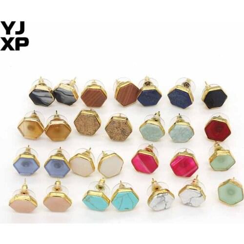 YJXP Attractive Gold Color Hexagon Green Turquoises White Howlite Rose Quartzs Stone Stud Earrings For Women Fashion Jewelry