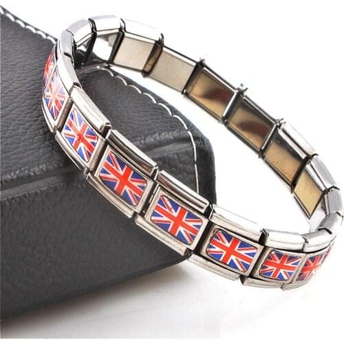 Jewellery British Flag Elastic Energy Movement Magnetic Germanium Italian Charm Bracelet Fashion Stainless Steel ST12