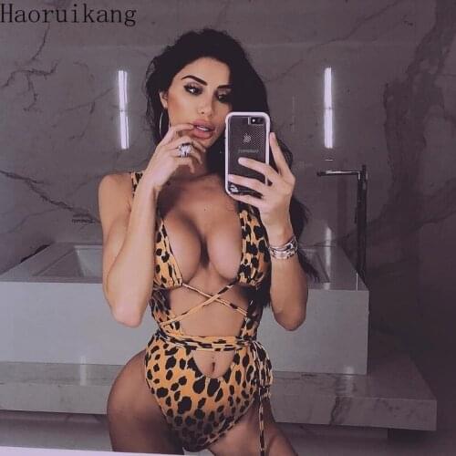 Women Bandage One Piece Bikini Swimwear Leopard Print Swimsuit Bodysuit Summer Bathing Suit