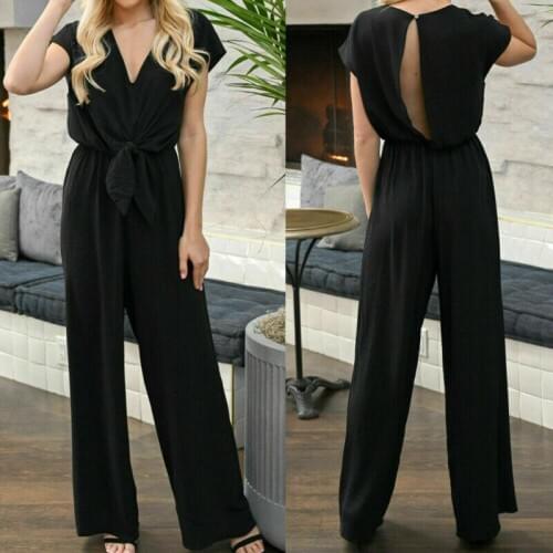 2020 Women V Neck Simple Chic Jumpsuit Fashion Short Sleeve Solid Straight Jumpsuits Playsuits Lady High Street Overall Trouser