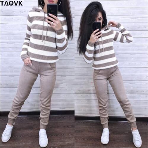 TAOVK womens knitted tracksuit Womens knitting suit Color matching Hooded jumper pullovers+pant two piece set