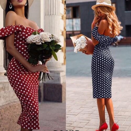 Women Elegant Bodycon Dress Off Shoulder Polka Dot Party Night Women Dresses Sexy High Waist Midi Dress Womens Plus Size S-XXL