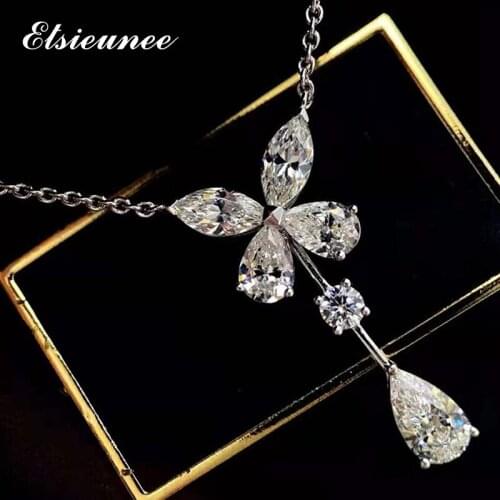 ELSIEUNEE 100% 925 Sterling Silver Butterfly Created Moissanite Diamond Wedding Pendant Necklaces for Women Fine Jewelry Gifts