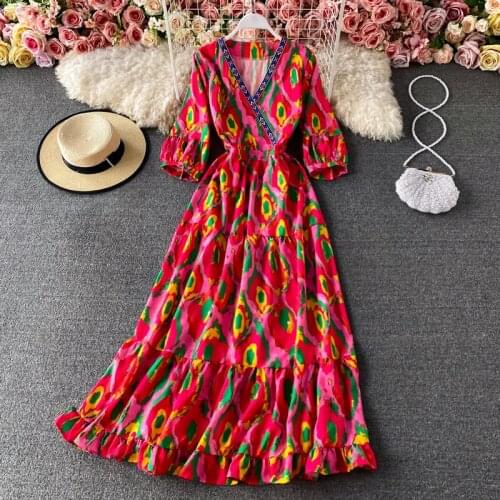 Summer New Ethnic Style Print Seaside Vacation Maxi Vestidos Female V-neck Lantern Sleeves Thin Lotus Leaf Dress GK156