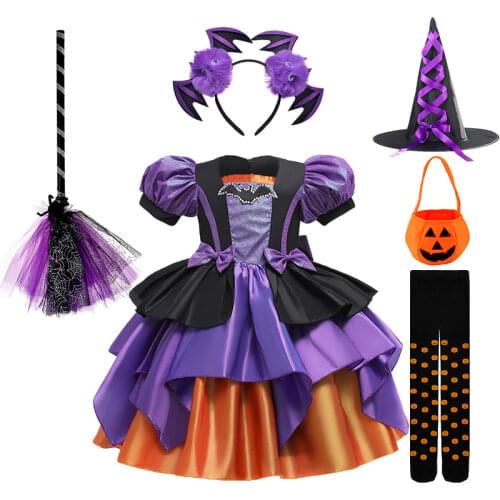 Winter 2 - 10 Year Baby Girl Halloween Christmas Priness Dress Kids Cosplay Bat Print Witch Costume Girls Ruffle Party Ball Gown