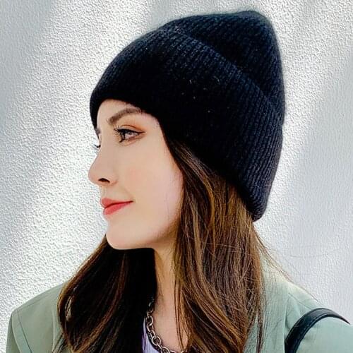 Winter Knitted Beanies Hat Women Rabbit fur Velvet Thick Warm Beanie Skullies Hat Female Knit Letter Beanie Women Outdoor Riding