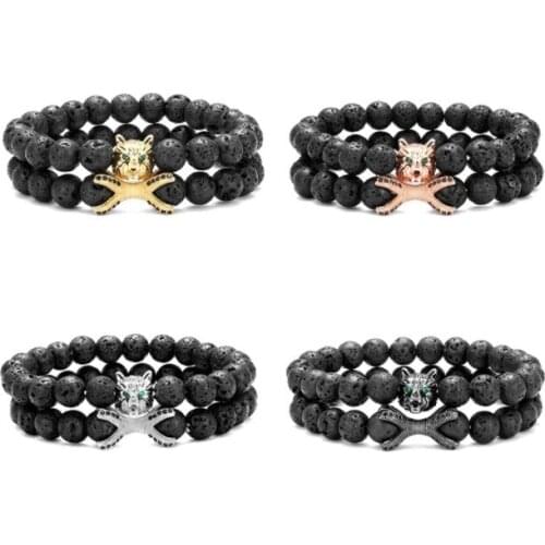 2pcs/lot 8mm wolf crown gold silver copper cz zircon cubic zirconia beads bohemian Bracelet Stone Bangles dg3s