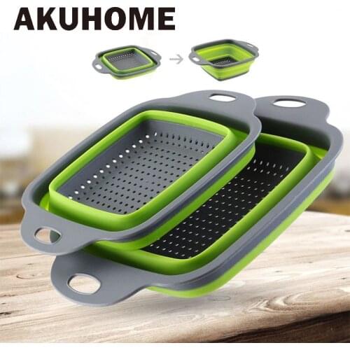 2PCS Silicone Foldable Strainer Drain Basket Fruit Vegetable Washing Container Kitchen Tools Sets Square Organizer Storage