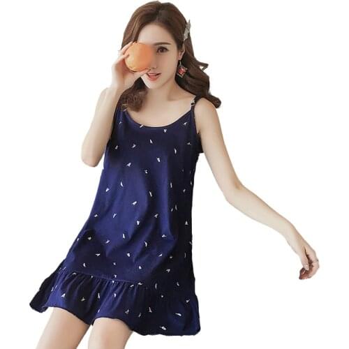 Summer Women Cotton Cartoon Short Nightgown Sleep Lounge Dress Sleepwear Sleeveless Home Clothes Nightwear M/L/XL/XXL AD087