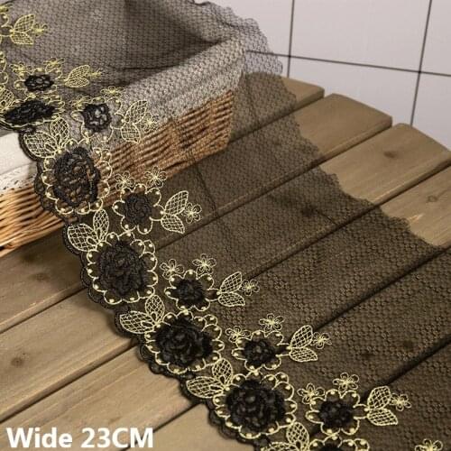 23CM Wide Exquisite Mesh Black Gold Venise Embroidered Fringe Ribbon 3D Flowers Lace Collar Trim Curtains Clohting Sewing Decor
