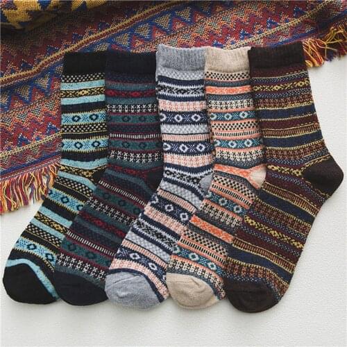 5 pairs/set Short Socks Set for Women Men Stripes Wool Winter Spring Autumn Thick Warm Vintage Ethnic Socks Unisex calcetines