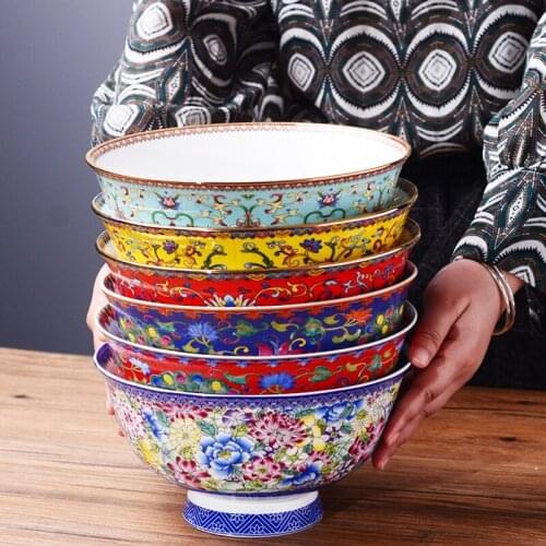 8 inch Antique Bowl Phnom colorful Enamel tableware bone china large noodle soup salad bowl gifts Collection