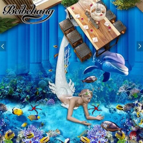 Beibehang Custom green mermaid underwater world 3D floor painting creative living room self-adhesive decorative floor painting