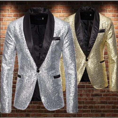 Gold silver shiny jacquard blazer men suits designs jacket mens stage singers Green fruit collar with a buckle clothes B450
