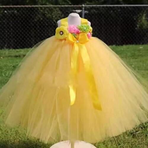 Yellow Shabby Flower Girl Tutu Dress Pageant Long Fluffy Ball Gown Baby Kids First Birthday Wedding Party Dresses For Photograph