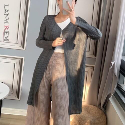 LANMREM Pleated Cardigan Coat 2021 Summer Autumn Long Sleeve V Neck Medium Length Windbreaker Female Casual Clothing 2T1228