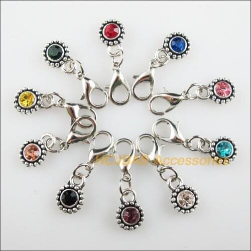 Fashion 10Pcs Tibetan Silver Tone Daisy Retro Mixed Round Crystal 8x11.5mm With Lobster Claw Clasps Charms