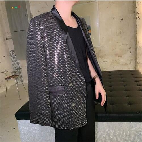 Men Stage Glitter Sequins Blazers Nightclub Bar Singer Vocal Concert Casual Coat Costume Fashion Loose Casual Suit Jacket Autumn