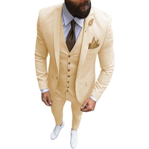 VEIAI Mens Suit Casual 3 Pieces Slim Fit Business Suits Peaked Lapel Wedding Groom Tuxedos Jacket Pants Vest