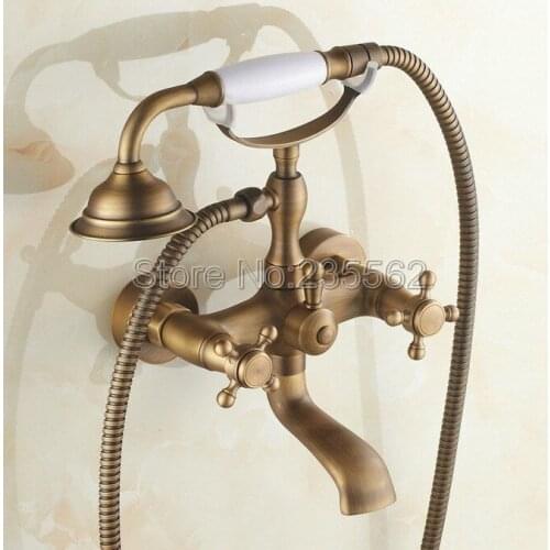Wall Mounted Antique Brass Bathroom Shower Faucet Bathtub Faucet Set with Telephone Style Ceramic Handheld Shower Spray ltf150