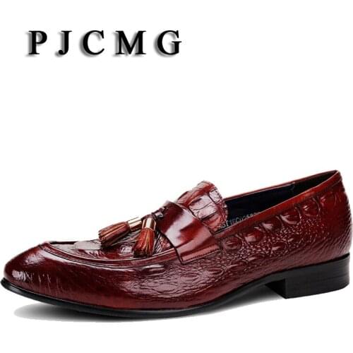 PJCMG New Breathable Black/Red Dress Genuine Leather Crocodile Style Pointed Toe Wedding Business Wedding Shoes With Tassel