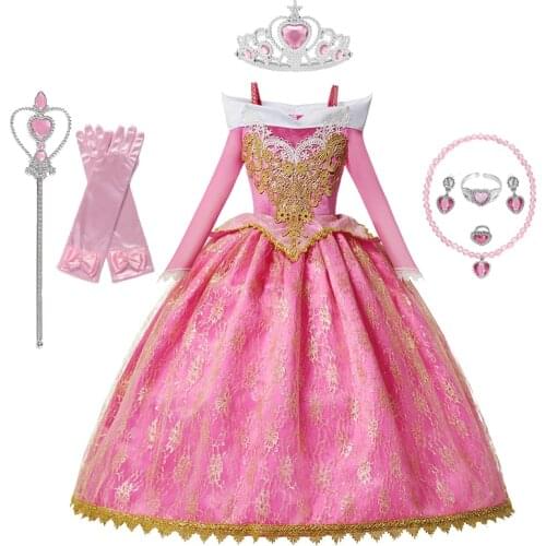 Girls Sleeping Beauty Aurora Princess Dress Halloween Cosplay Long Sleeves Off Shoulder Lace Costume Christmas Gift Party Dress