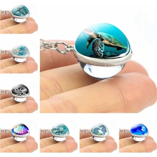 Ocean Jewelry Glass Ball Necklace Starfish Turtle Seashell Octopus Dolphin Charm Blue Sea Necklace Sphere Crystal Pendant