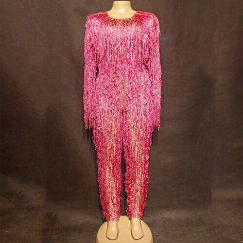 Sexy Stage Fringes Stones Jumpsuit Rhinestones Sexy Bodysuit Costum Singer Stage Wear Birthday Celebrate Tassels Jumpsuit