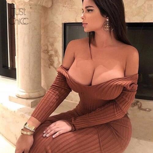Justchicc Mid-Calf Sweater Winter Dress Elegant Yellow Bodycon Nightclub Party Christmas Sexy Dress Women Long Dresses Vestidos