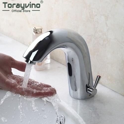 Torayvino Chrome Polished Automatic Touch Free Hands Bathroom Faucet Basin Sink Sensor Faucet Deck Mounted Mixer Water Tap