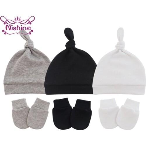 Nishine Comfortable Soft Newborn Hat and Glove Set Handmade Knotted Single Layer Cotton Infant Cap Anti-Grab Face Protect Mitten