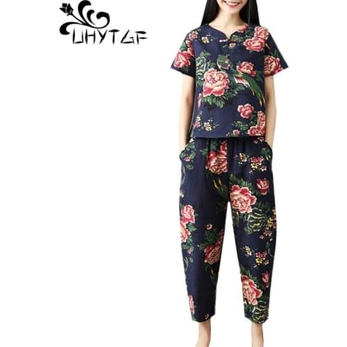 UHYTGF Fashion women summer two piece set 2020 national style printing elegant womens suit soft cotton linen plus size sets 1644