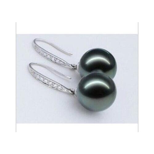 Unique ladys Beautiful a pair AAA 10mm tahitian SHELL black pearl earrings Natural stone bread Earing big earringsWomen Party