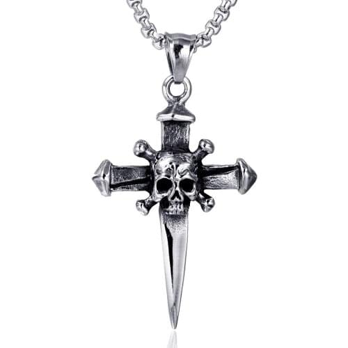 Stainless Steel Vintage Cross Nail Skull Pendant Necklace Skeleton Head Cross Necklaces Jewellery Gift with 60 cm Chain