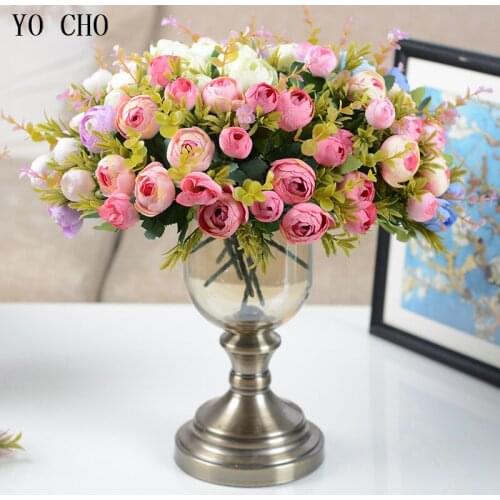 YO CHO 1 Bunch Artificial Flowers Silk Roses Fake Small Roses Flores Wedding Bouquet For Home Party New Year Decorative Flowers