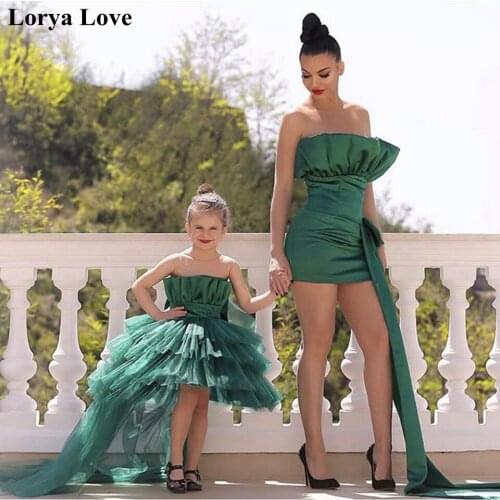 Green Prom Dresses 2020 Mother And Daughter Formal Party Night Evening Gowns Elegant Strapless Satin Short Sexy Robe De Soiree