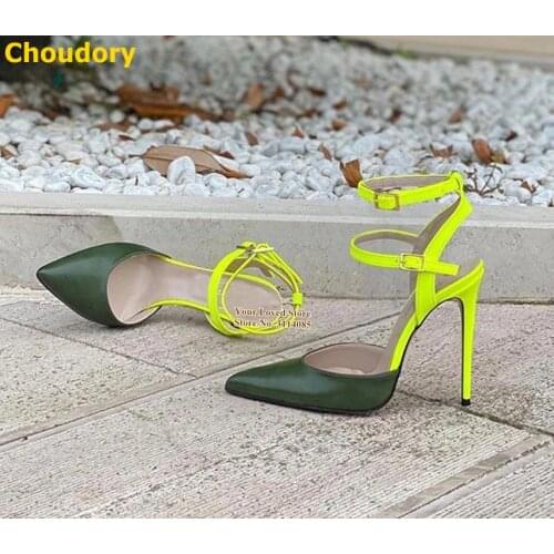 Women Neon Yellow Stiletto Heels Army Green Matte Leather Pointed Toe Dress Pumps Ankle Buckle Strap Gladiator Heels Dropship