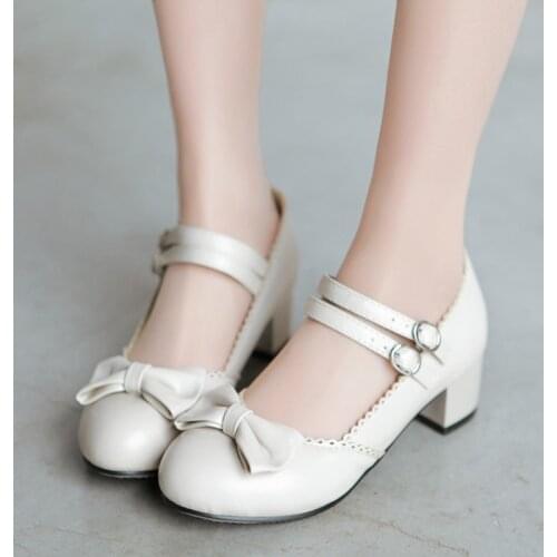 Women Mary Janes Pumps Cute Bowtie Princess Lolita Shoes Ladies Square High Heel Princess Wedding shoes Big Size 30-50 253