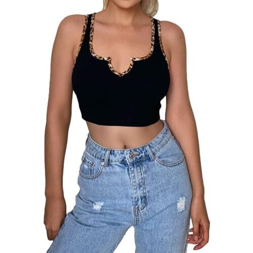 Ladies Black Sexy Women Slim-Fitting Vest Summer New Style Sleeveless Patchwork Leopard Print Edge Deep V-Neck Short Dress