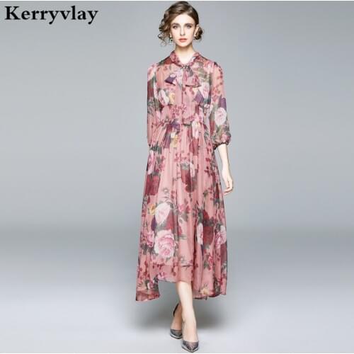 Elegant Bow Tie Printed High Waist Expandable Summer Beach Dress Women Bohemian Vestidos Verano 2021 Mujer Roupa Feminina K8626